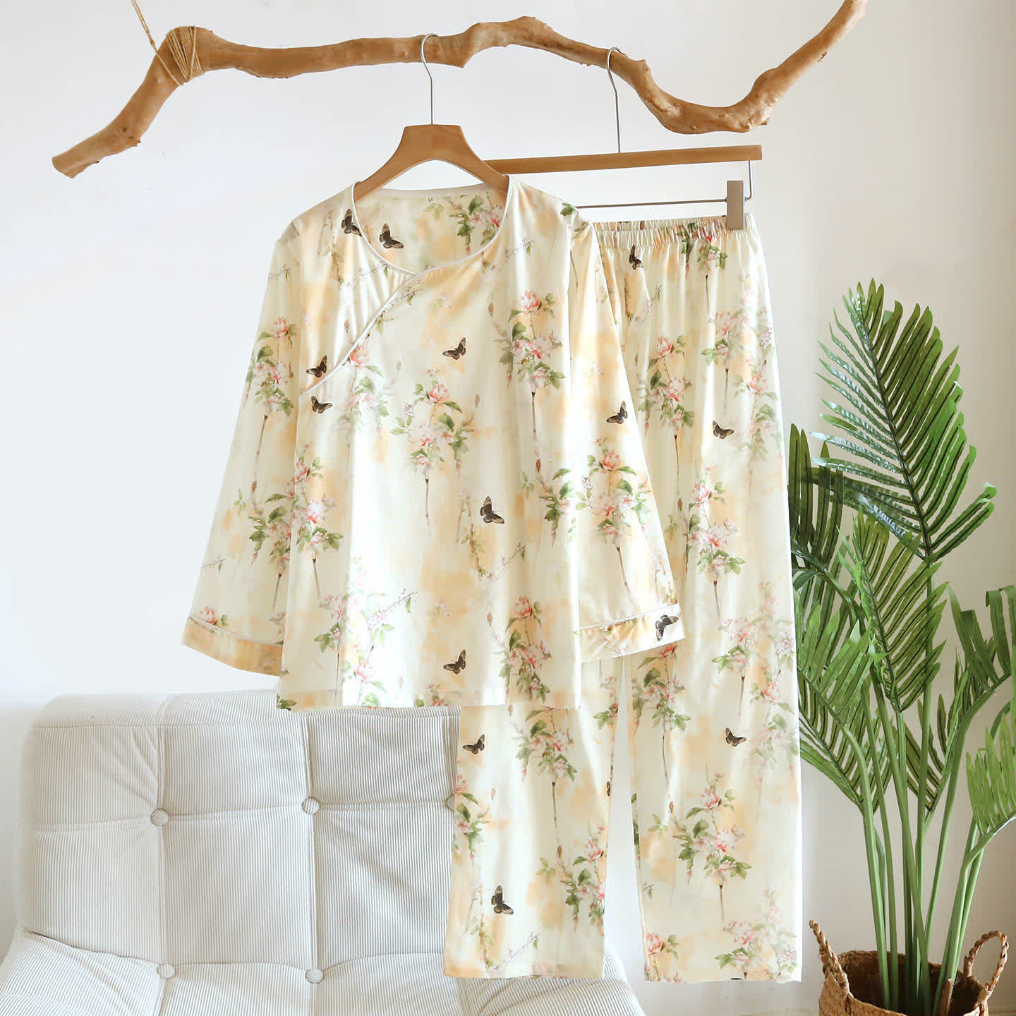 Oriental Floral Butterfly Cotton Pajama Set - Beige - XL - image 0