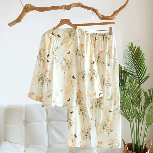 Oriental Floral Butterfly Cotton Pajama Set - Beige - XL - image 0