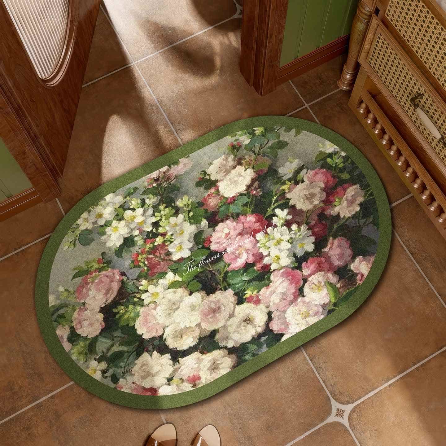 Oil Painting Floral Bath Mat - Dark Green - 23"W x 35"L - image 0