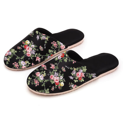 Retro Peony Print House Slippers - Black - L - image 9