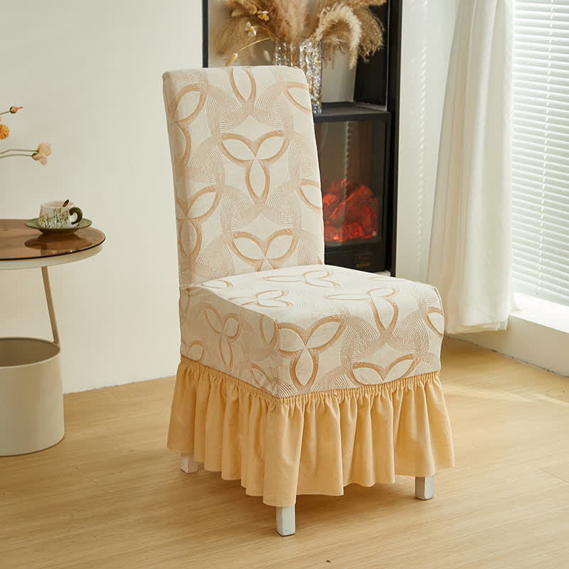 Solid Color Stretch Jacquard Dining Chair Cover - Beige - 6PCS - Skirted - image 11