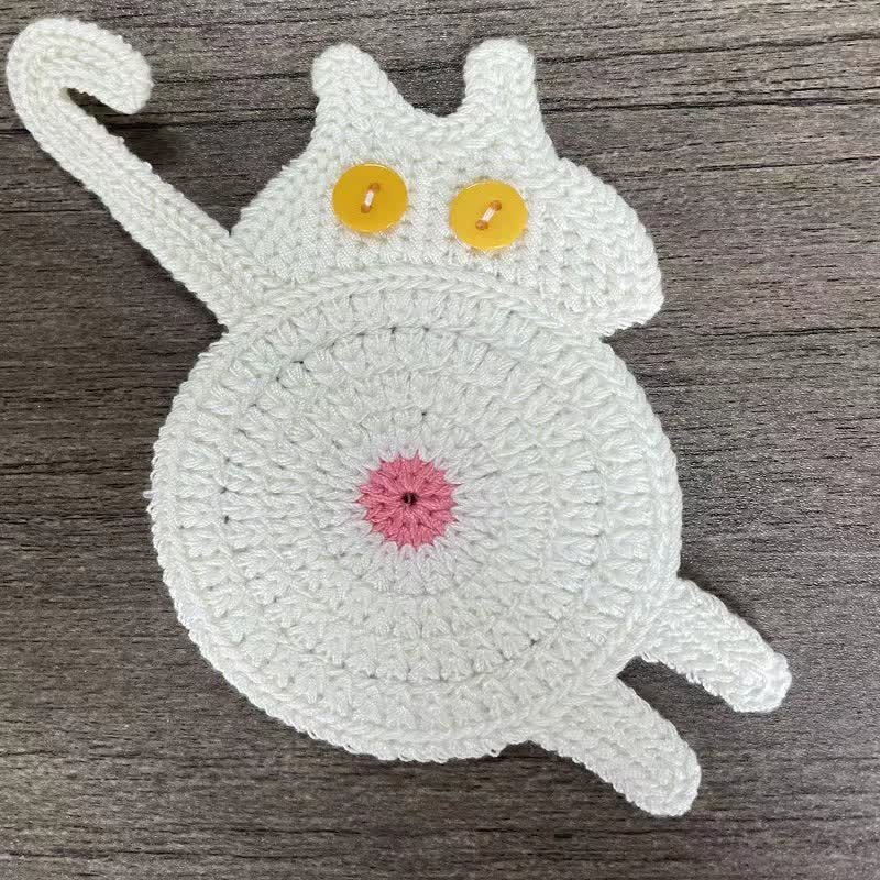 Cute Crochet Cat Butt Coaster - White - 3PCS - image 5
