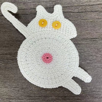 Cute Crochet Cat Butt Coaster - White - 3PCS - image 5