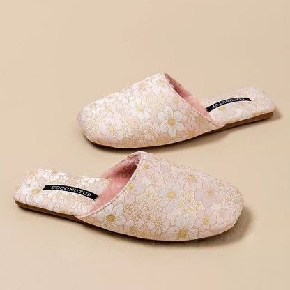 Oriental Peach Blossom Jacquard Plush Slippers - Light Pink - L - image 7