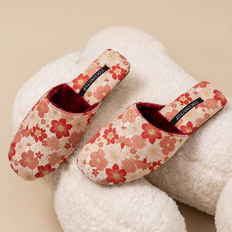 Oriental Peach Blossom Jacquard Plush Slippers - Red - L - image 4