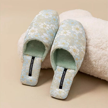 Oriental Peach Blossom Jacquard Plush Slippers - Green - L - image 10