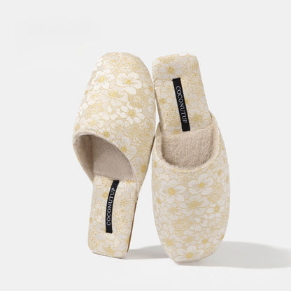 Oriental Peach Blossom Jacquard Plush Slippers - White - L - image 9