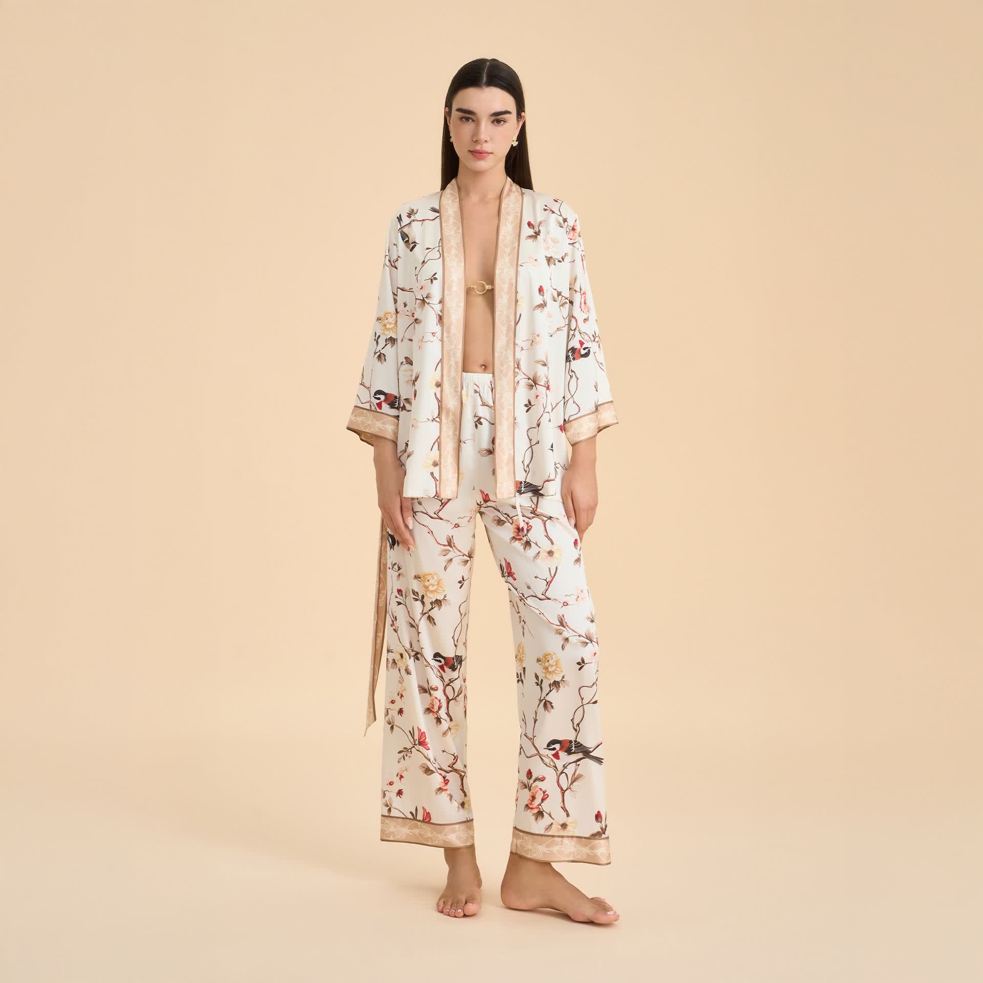 Vintage Floral Bird Kimono Loungewear Set - image 1