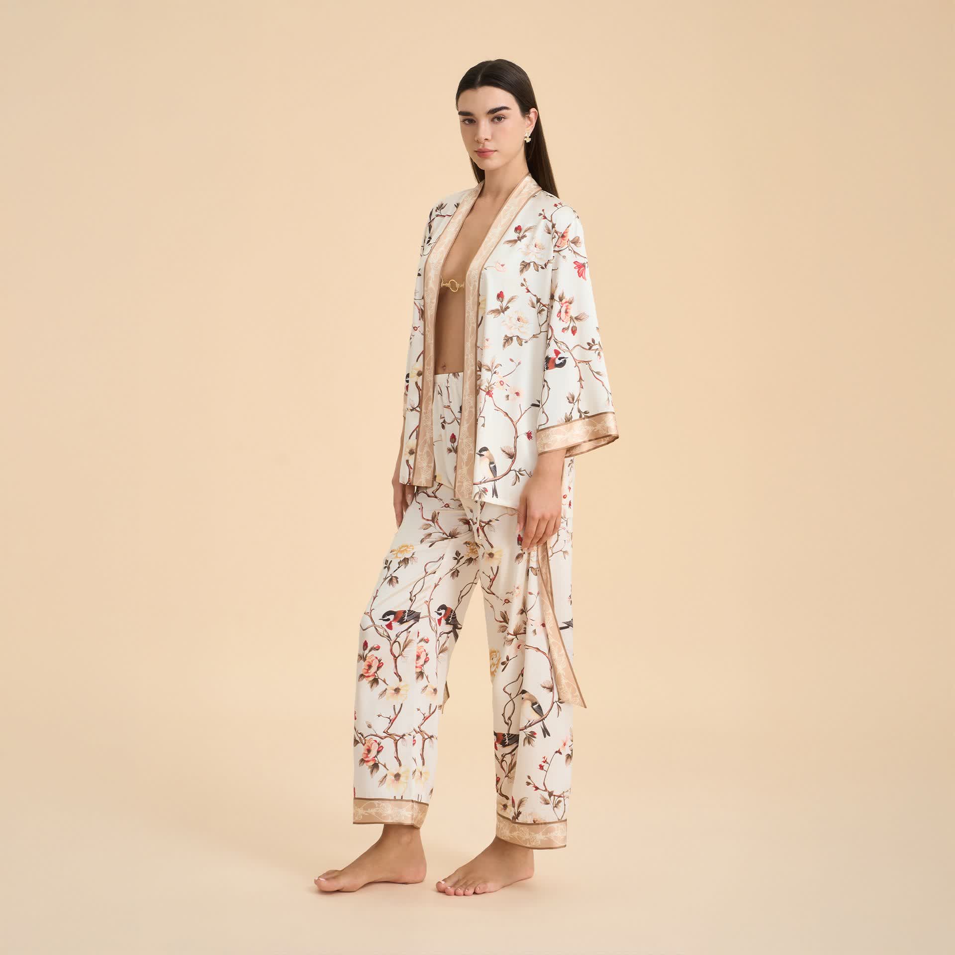 Vintage Floral Bird Kimono Loungewear Set - image 4
