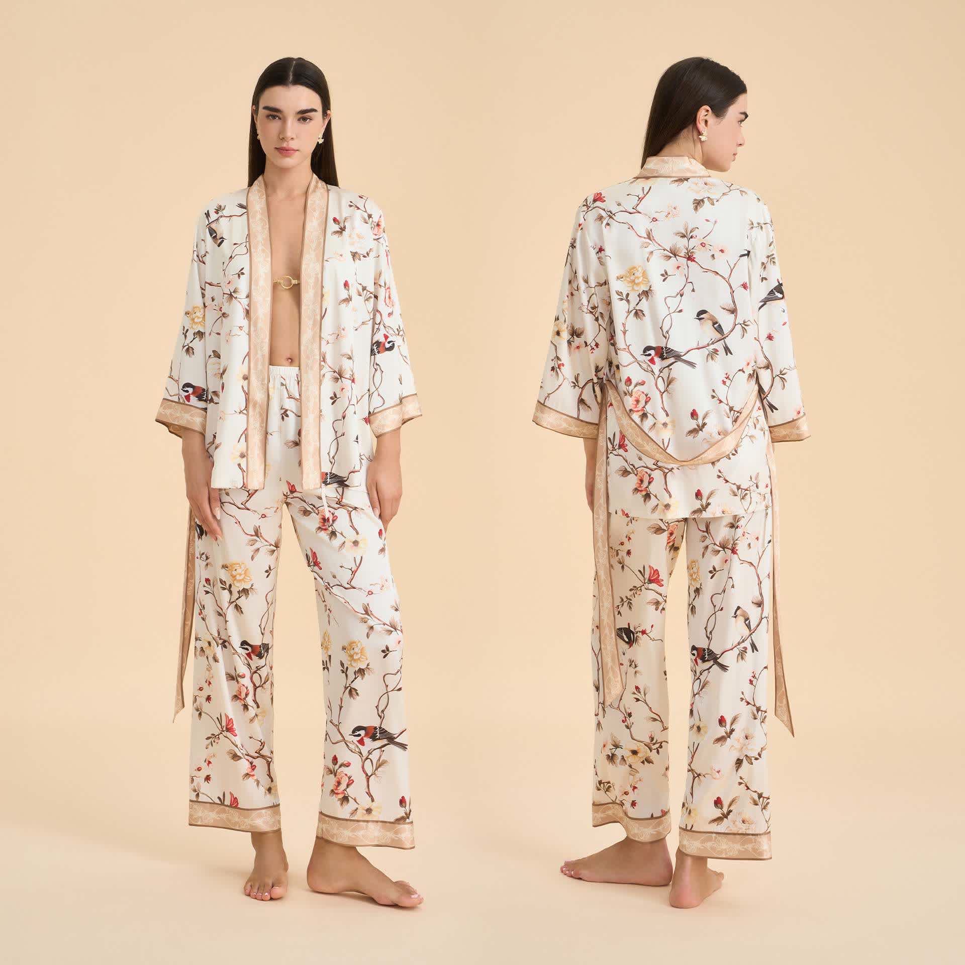 Vintage Floral Bird Kimono Loungewear Set - Beige - XL - image 0
