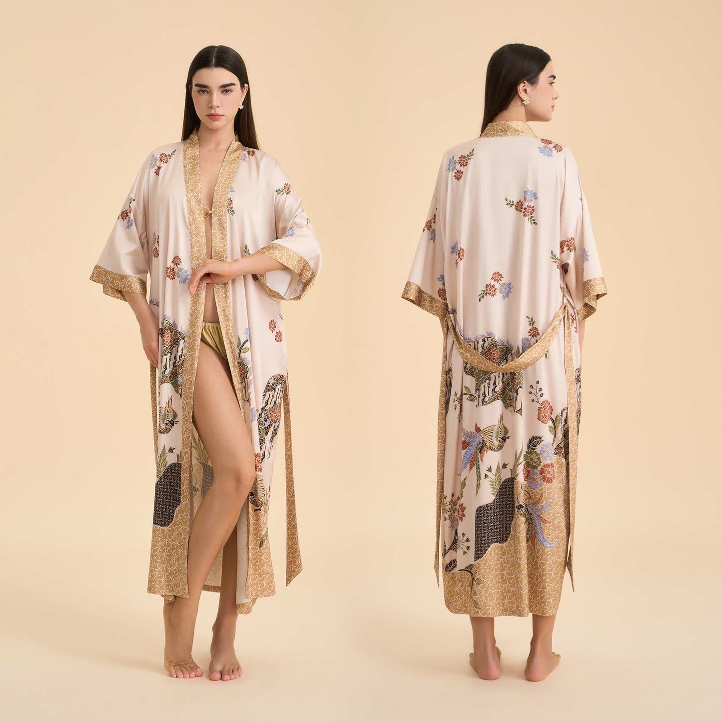 Oriental Floral Bird Kimono Style Bathrobe - Beige - One Size - image 0