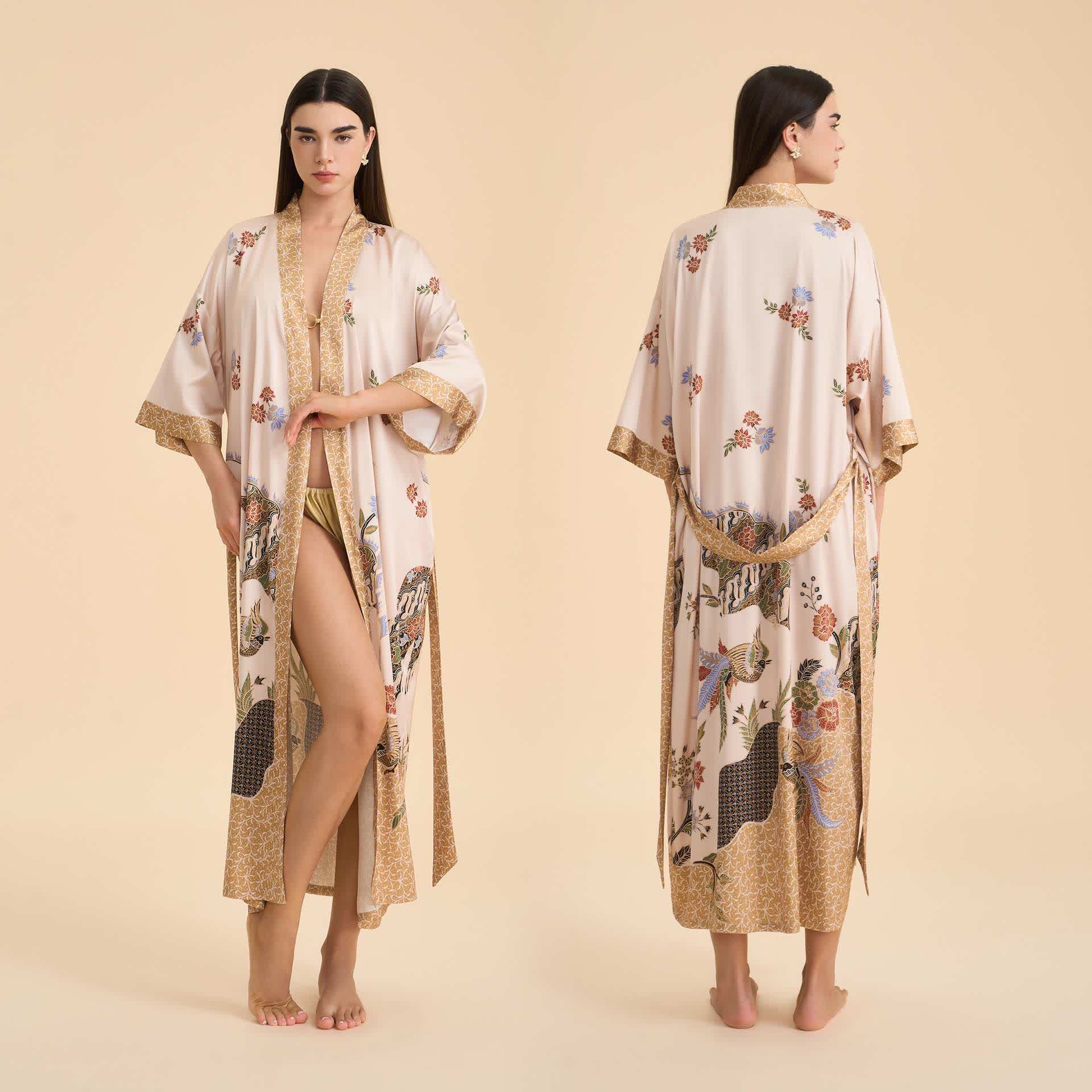 Oriental Floral Bird Kimono Style Bathrobe - Beige - One Size - image 0