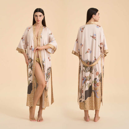 Oriental Floral Bird Kimono Style Bathrobe - Beige - One Size - image 0