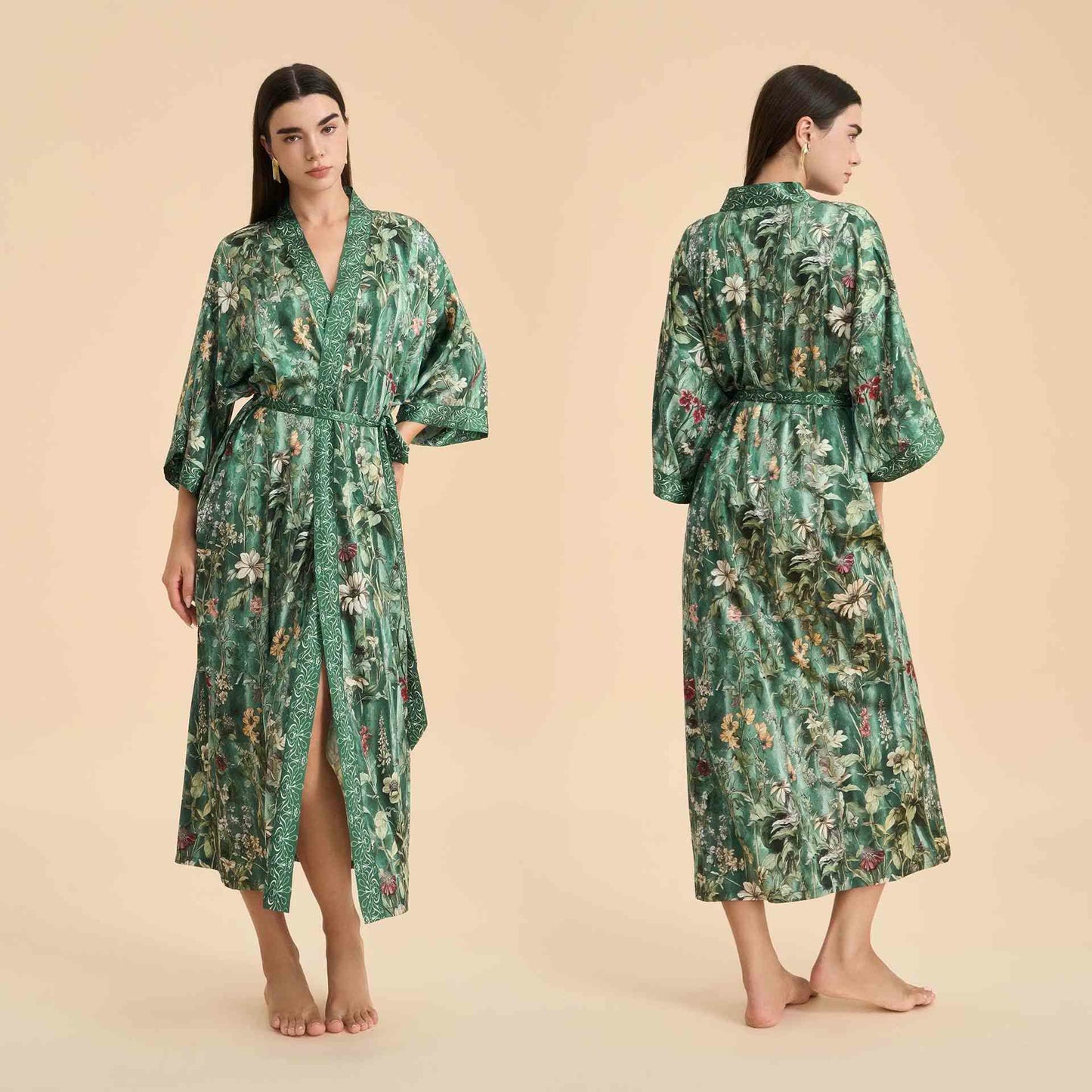 Lush Tropics Green Botanical Floral Kimono Style Bathrobe - Green - One Size - image 1