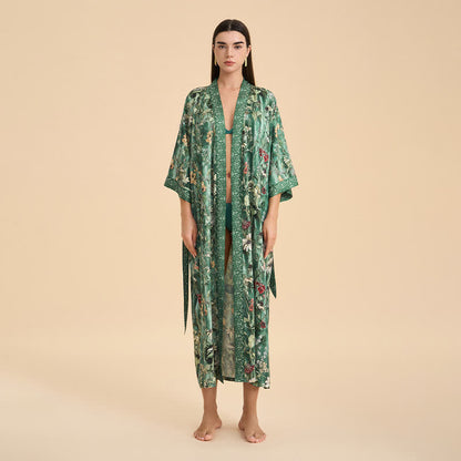 Lush Tropics Green Botanical Floral Kimono Style Bathrobe - image 2