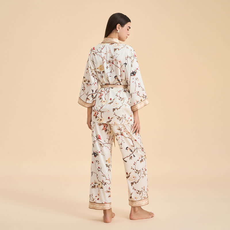 Vintage Floral Bird Kimono Loungewear Set - image 5