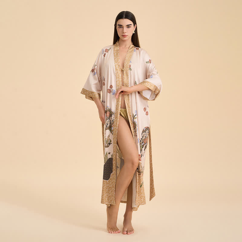 Sunshine Serenity Oriental Floral Bird Kimono Style Bathrobe - image 4