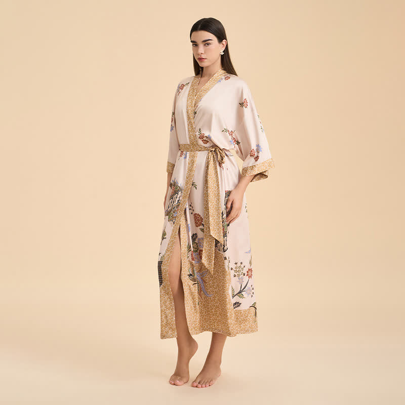 Sunshine Serenity Oriental Floral Bird Kimono Style Bathrobe - image 5