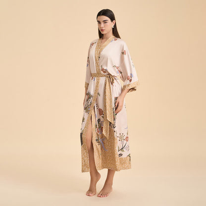Sunshine Serenity Oriental Floral Bird Kimono Style Bathrobe - image 5