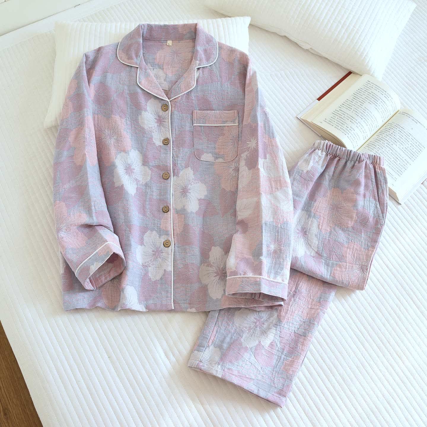 Cotton Cherry Blossom Jacquard Loungewear Set - Pink - XL - image 3