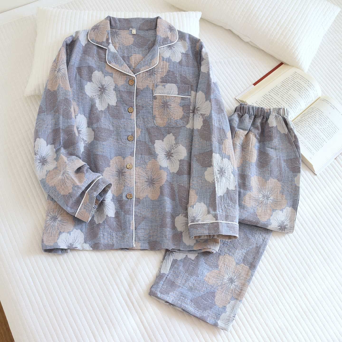 Cotton Cherry Blossom Jacquard Loungewear Set - Gray - XL - image 17