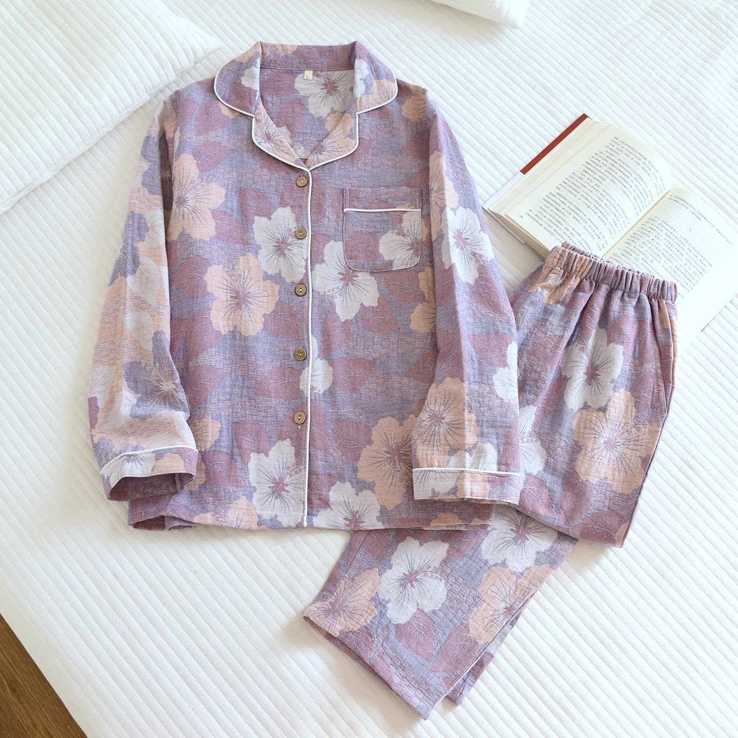 Cotton Cherry Blossom Jacquard Loungewear Set - Purple - XL - image 5