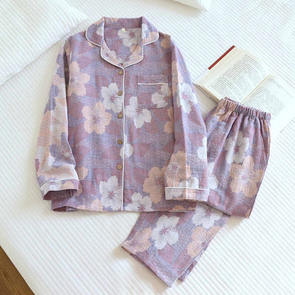 Cotton Cherry Blossom Jacquard Loungewear Set - Purple - XL - image 5