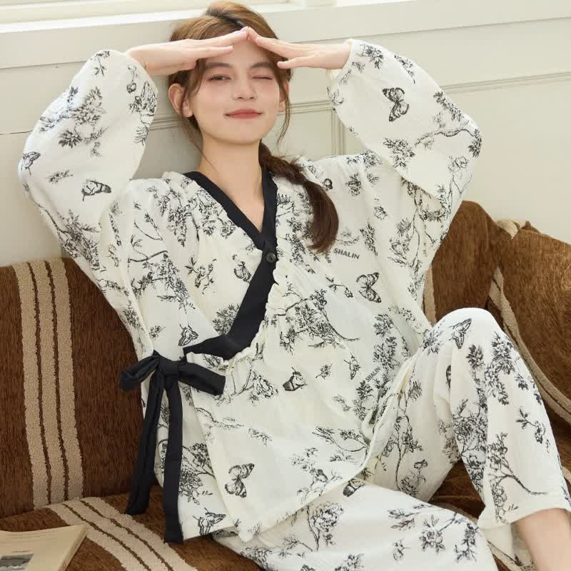 Oriental Ink Floral Butterfly Loungewear Set - Black - XXL - image 1