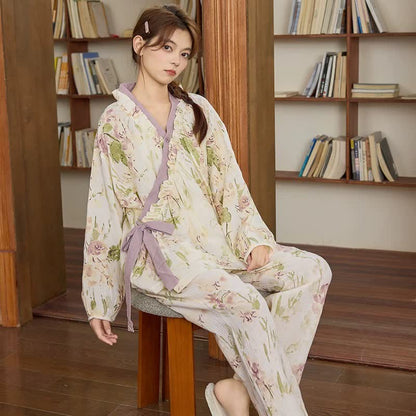 Ruffled Neck Elegant Floral Loungewear Set - Beige - XXL - image 0