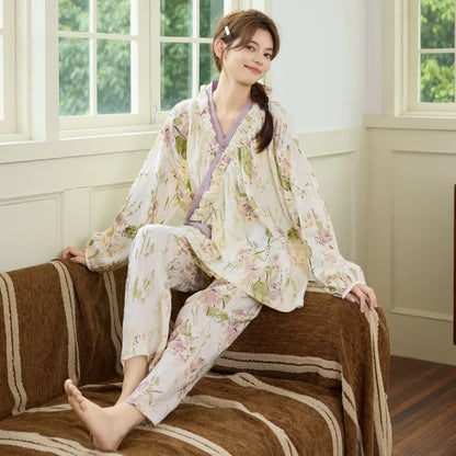 Ruffled Neck Elegant Floral Loungewear Set - image 1