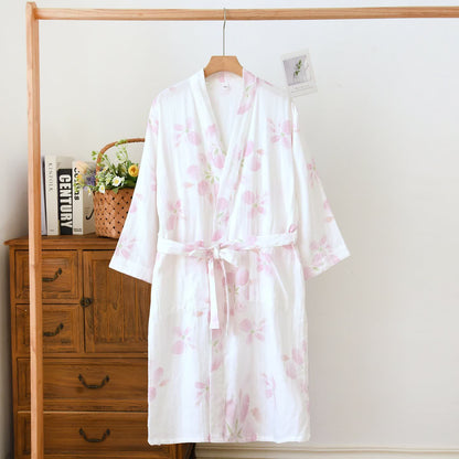 Cherry Blossom Cotton Gauze Kimono Bathrobe - White - XL - image 0