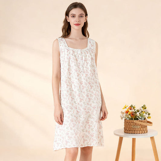 Pink Floral Pure Cotton Sleeveless Nightdress - White - XL - image 0