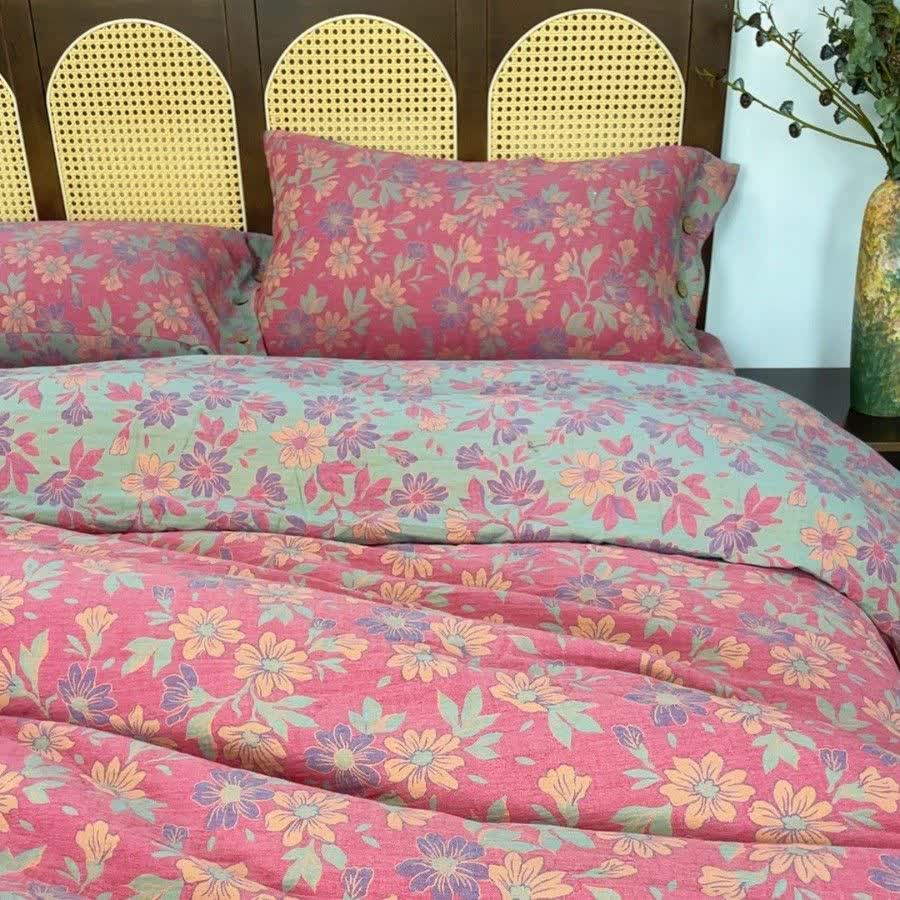 Country Gardenia Floral Cotton Gauze Bedding Set(4PCS) - Pink - King - image 0
