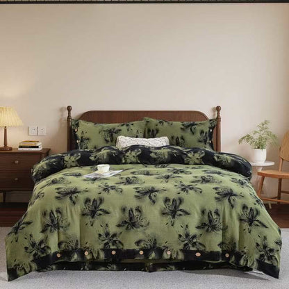Oriental Ink Style Floral Cotton Bedding Set(4PCS) - Green - King - image 0