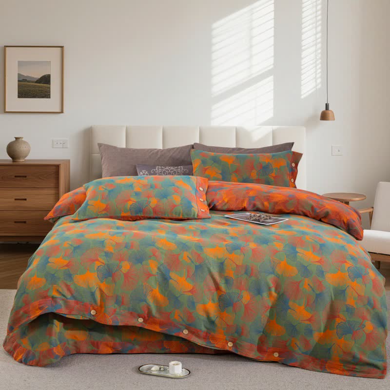 Artistic Ginkgo Leaf Cotton Gauze Bedding Set(4PCS) - King - image 1