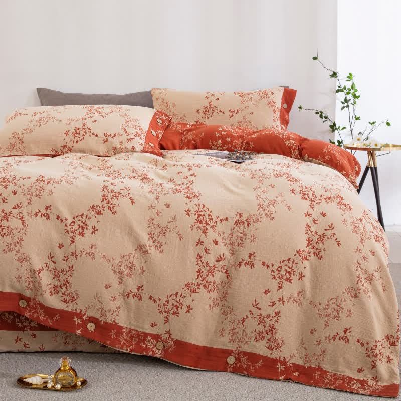 Country Leaf Cotton Gauze Bedding Set(4PCS) - Apricot & Orange - Queen - image 0