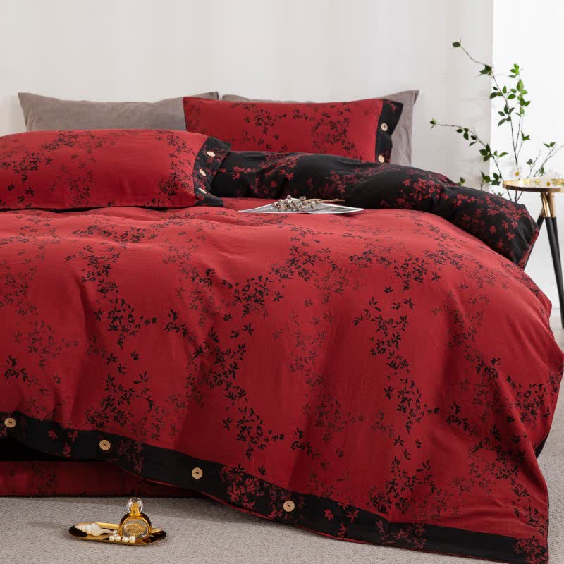 Country Leaf Cotton Gauze Bedding Set(4PCS) - Red & Black - Queen - image 7