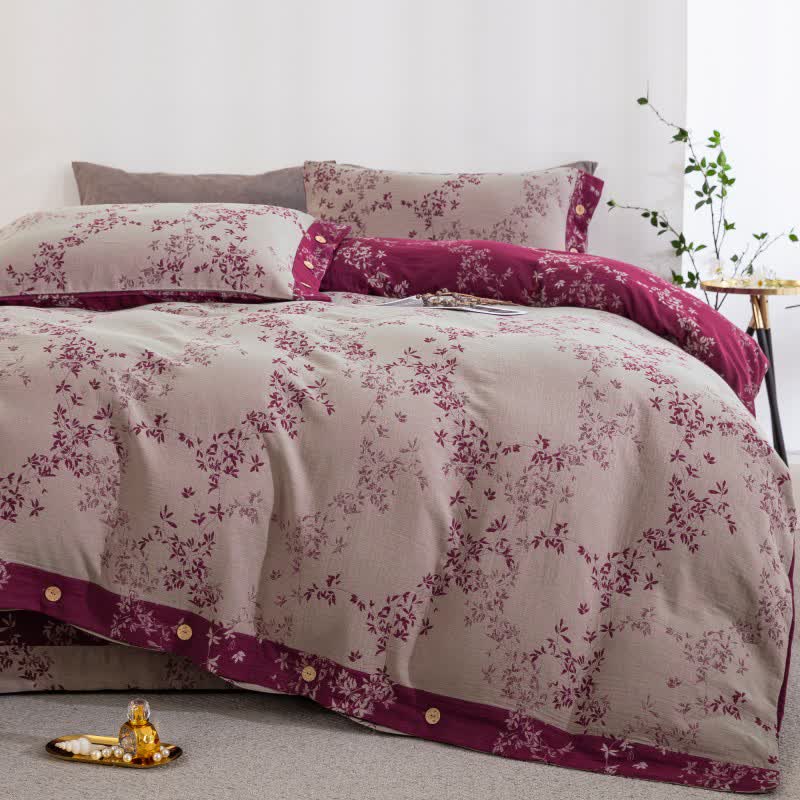Country Leaf Cotton Gauze Bedding Set(4PCS) - Grey Pink & Purple - King - image 20