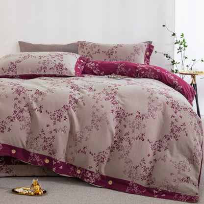 Country Leaf Cotton Gauze Bedding Set(4PCS) - Grey Pink & Purple - King - image 20