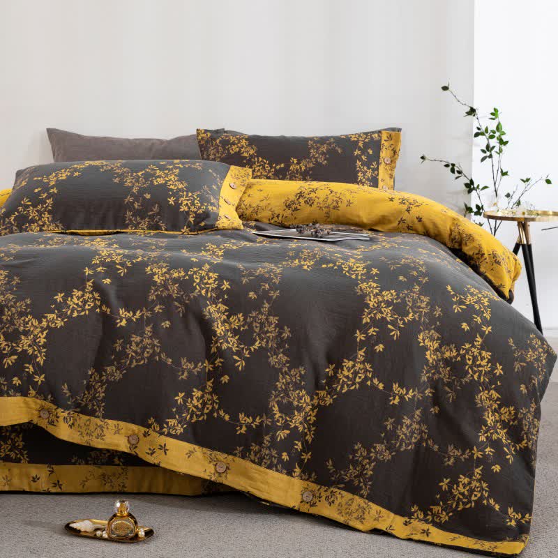 Country Leaf Cotton Gauze Bedding Set(4PCS) - Dark Gray & Yellow - Queen - image 13