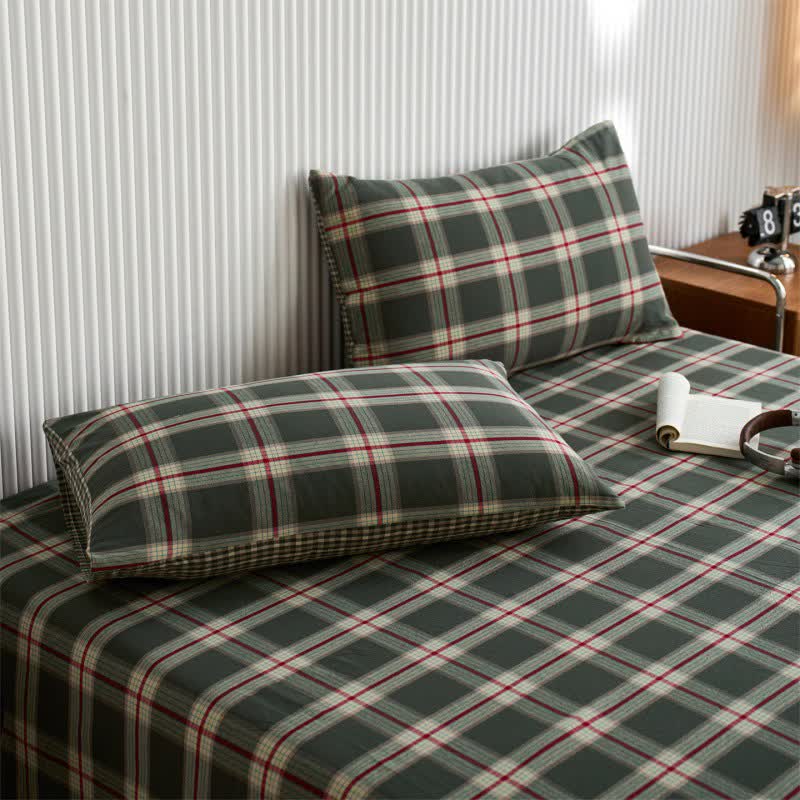Classic Big Plaid Cotton Sheet Bedspread - Green - 2PCS Pillowcases - 19" x 29" - image 5