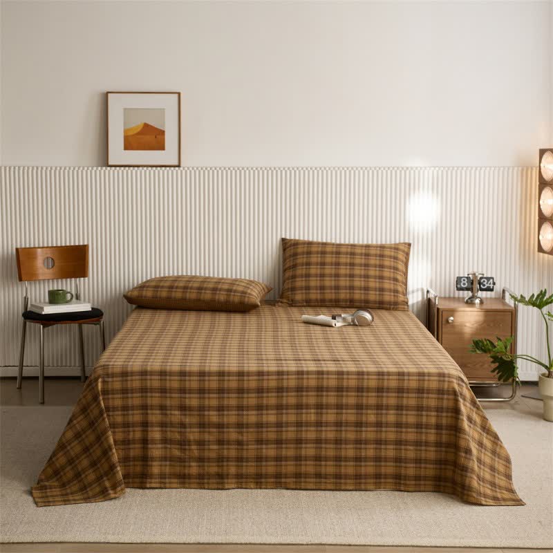 Classic Vintage Plaid Cotton Sheet Bedspread - Yellow - Bedspread with 2PCS Pillowcases - King - image 2