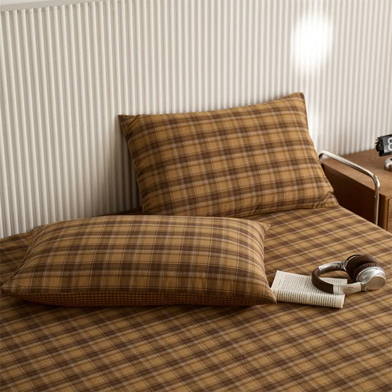 Classic Vintage Plaid Cotton Sheet Bedspread - Yellow - 2PCS Pillowcases - 19" x 29" - image 3