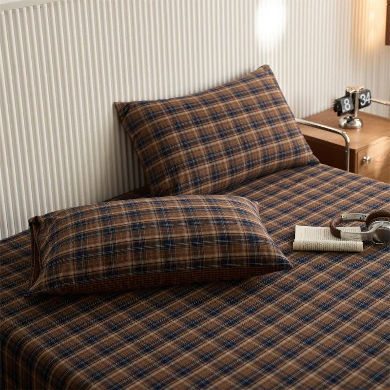 Classic Vintage Plaid Cotton Sheet Bedspread - Navy Blue & Brown - 2PCS Pillowcases - 19" x 29" - image 7