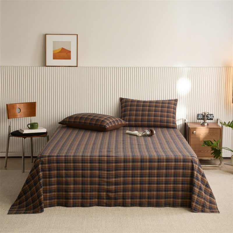 Classic Vintage Plaid Cotton Sheet Bedspread - Navy Blue & Brown - Bedspread with 2PCS Pillowcases - King - image 6