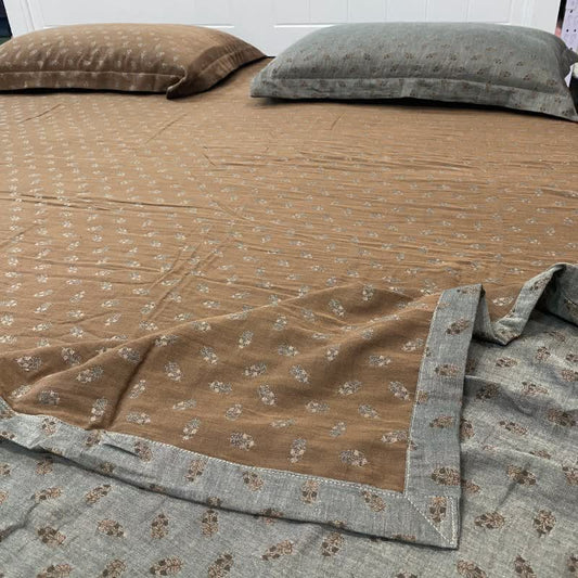 Retro Floral Cotton Reversible Sheet Bedspread - Coffee & Grey - 2PCS Pillowcases - 19" x 29" - image 0