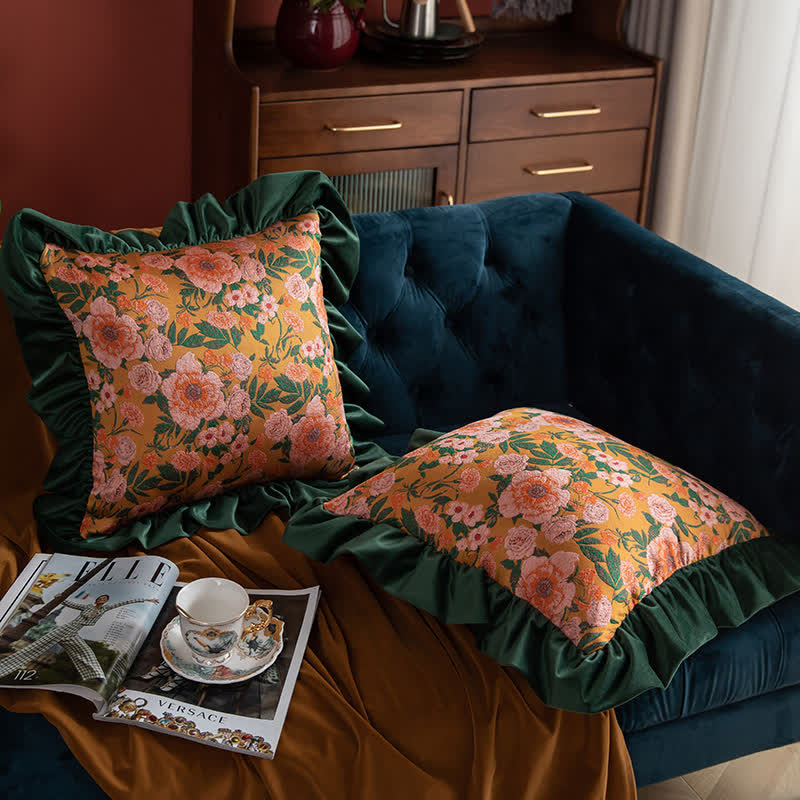 Vintage Floral Jacquard Ruffled Throw Pillow - image 1