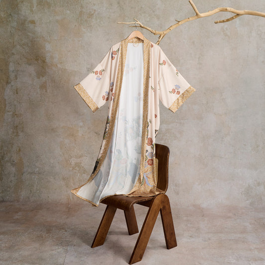 Oriental Floral Bird Kimono Style Bathrobe - Beige - One Size - image 0