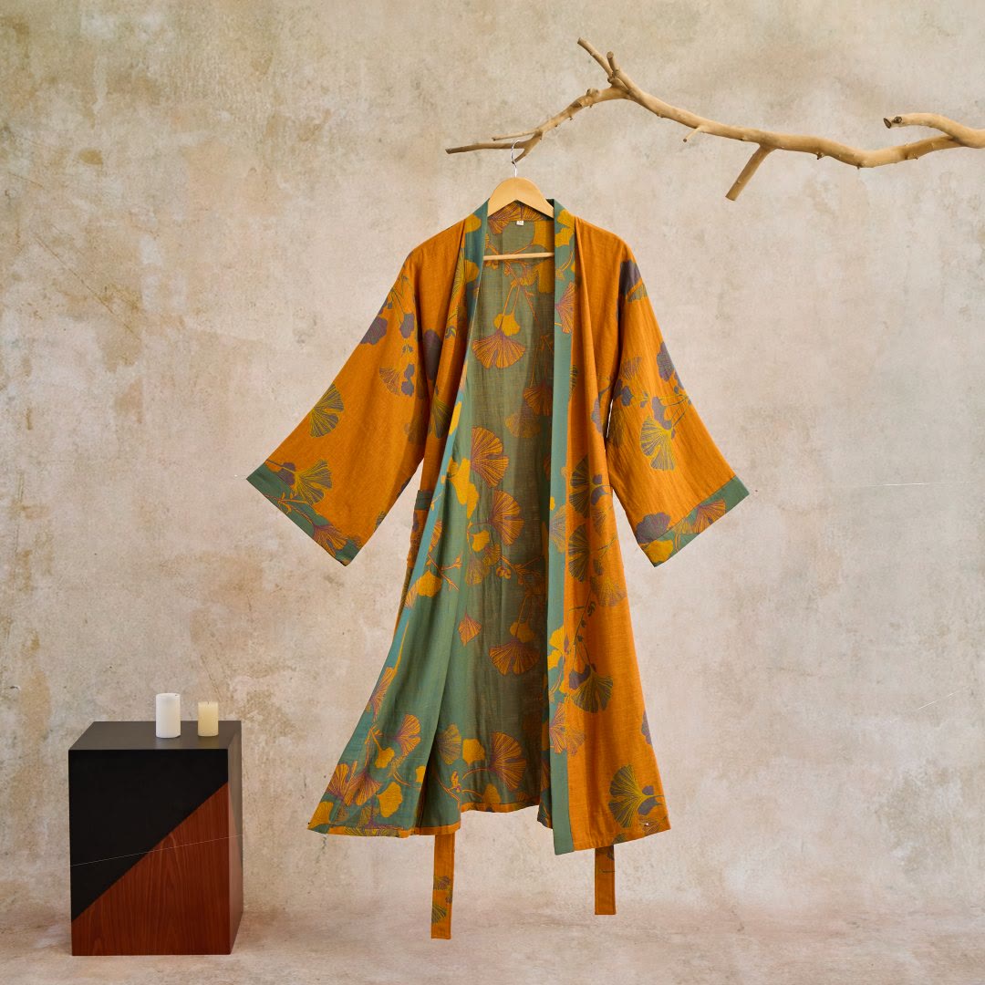 Green & Yellow Large Ginkgo Leaf Cotton Kimono Robe - Yellow & Green - XL - image 1