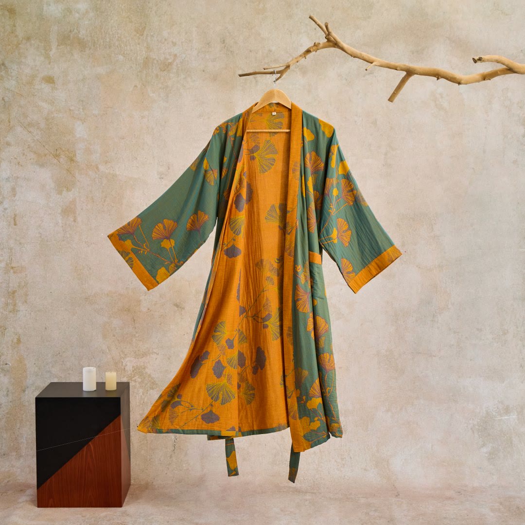 Green & Yellow Large Ginkgo Leaf Cotton Kimono Robe - Green & Yellow - XL - image 0